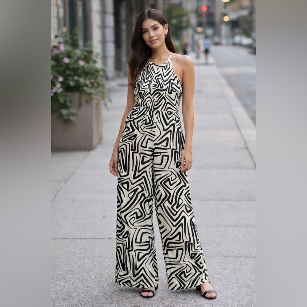 Jessica Simpson Black and Cream Abstract Jumpsuit